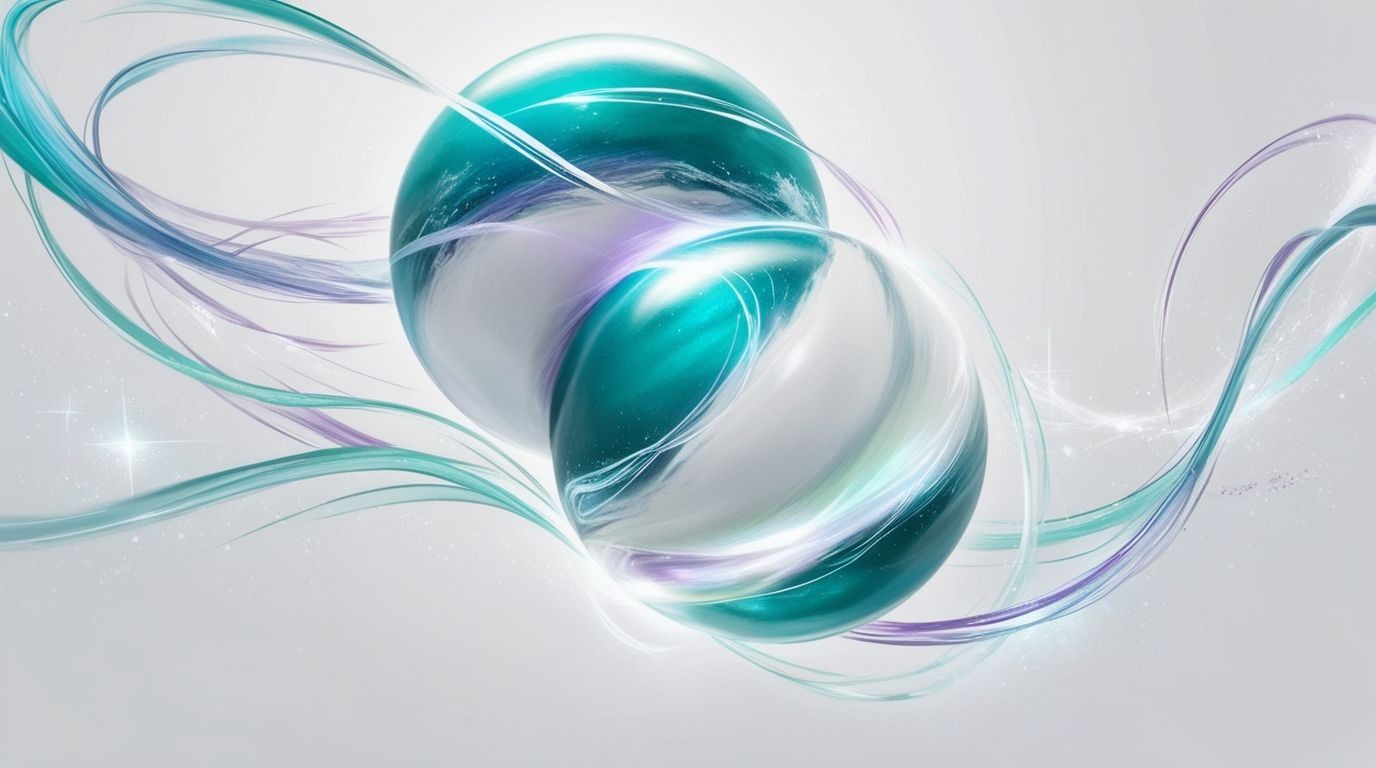 Abstract artwork featuring two turquoise spheres surrounded by swirling pastel ribbons on a light background.