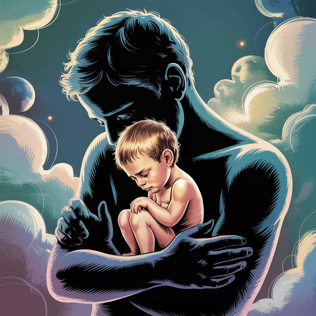 "Digital illustration av en vuxen man som varsamt håller sitt sårade inre barn, omgiven av drömlika moln och stjärnor – symboliserar emotionell läkning och inre trygghet."