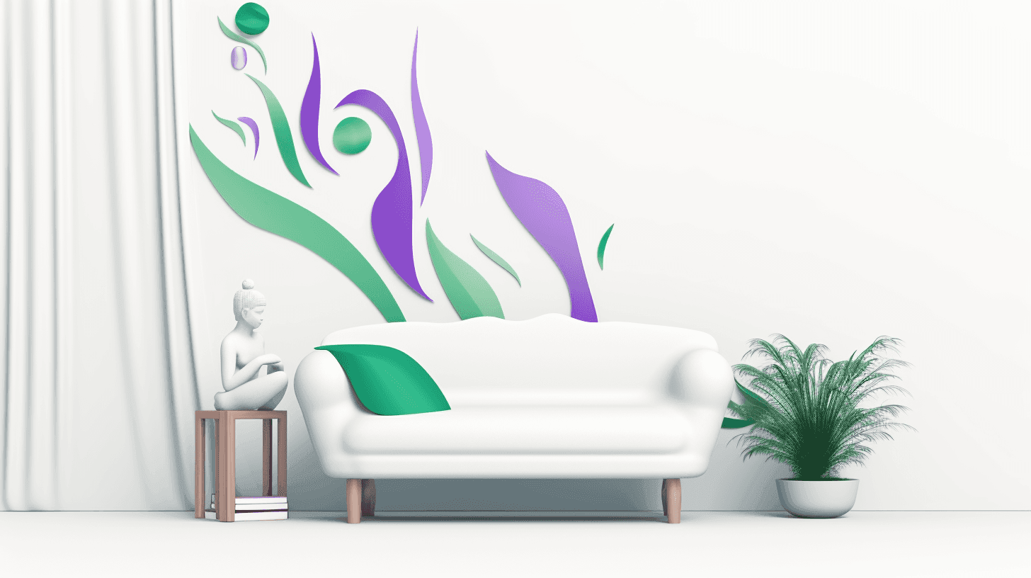 Minimalist living room with a white sofa, colorful wall art, and a potted plant.